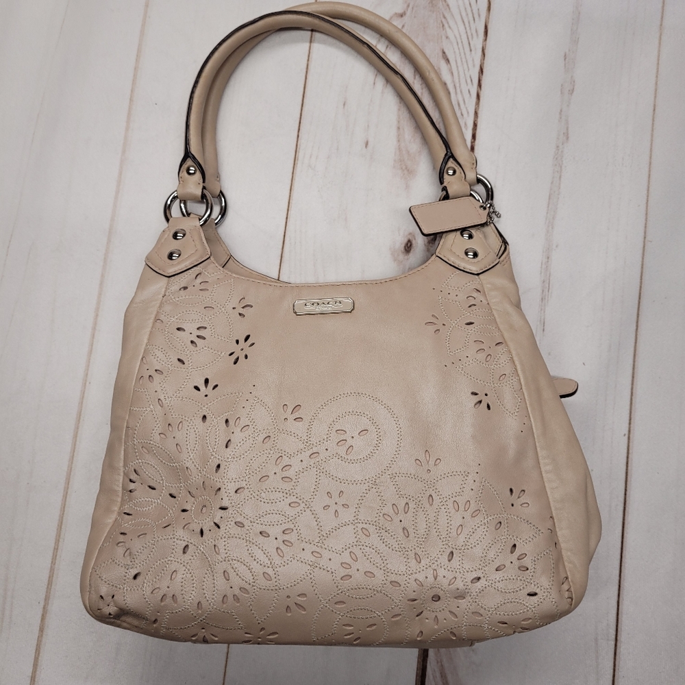 Coach Ashley leather floral laser hobo bag pearl pink shoulder purse